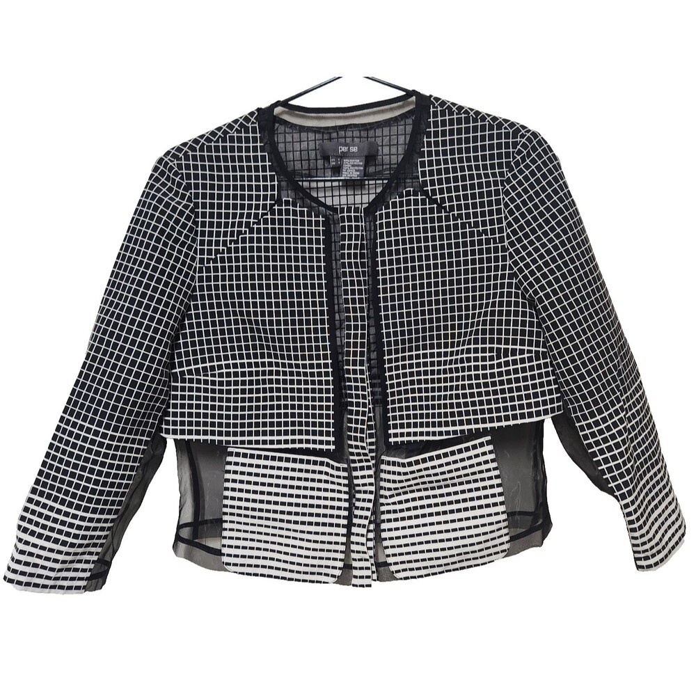Per Se Black White Jacket Organza Pockets Snap Button Front Womens Sz 4